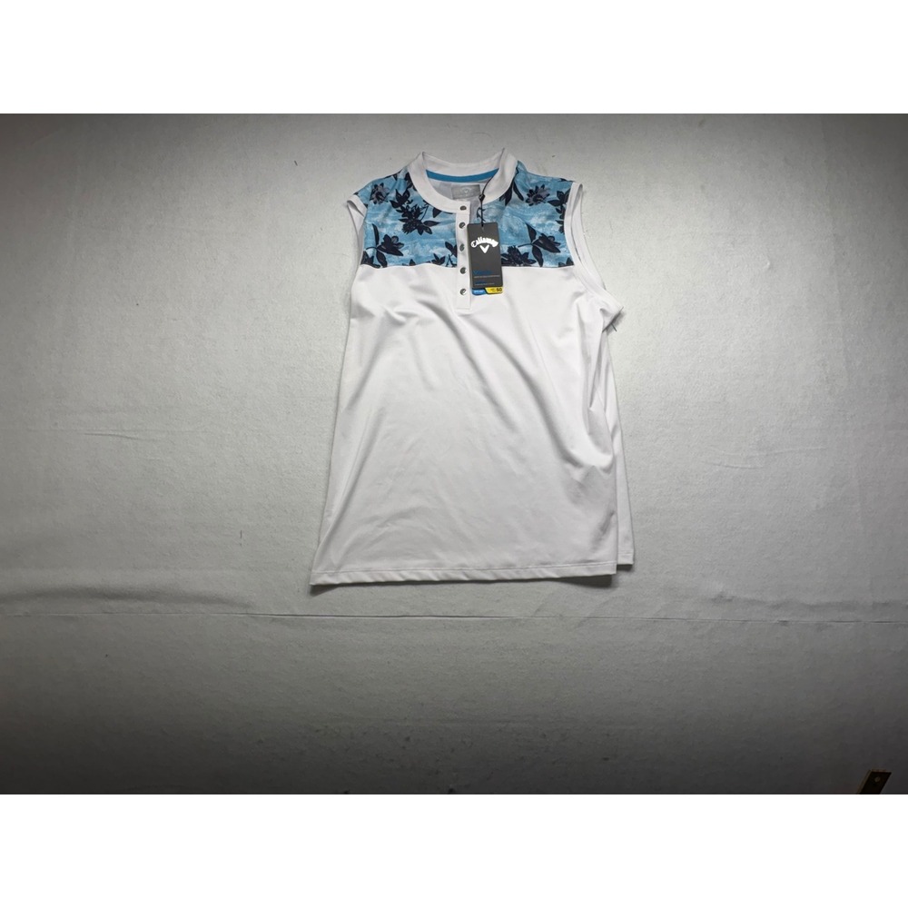 Callaway Womens Golf Polo Shirt Sleeveless Floral Print White Blue XL